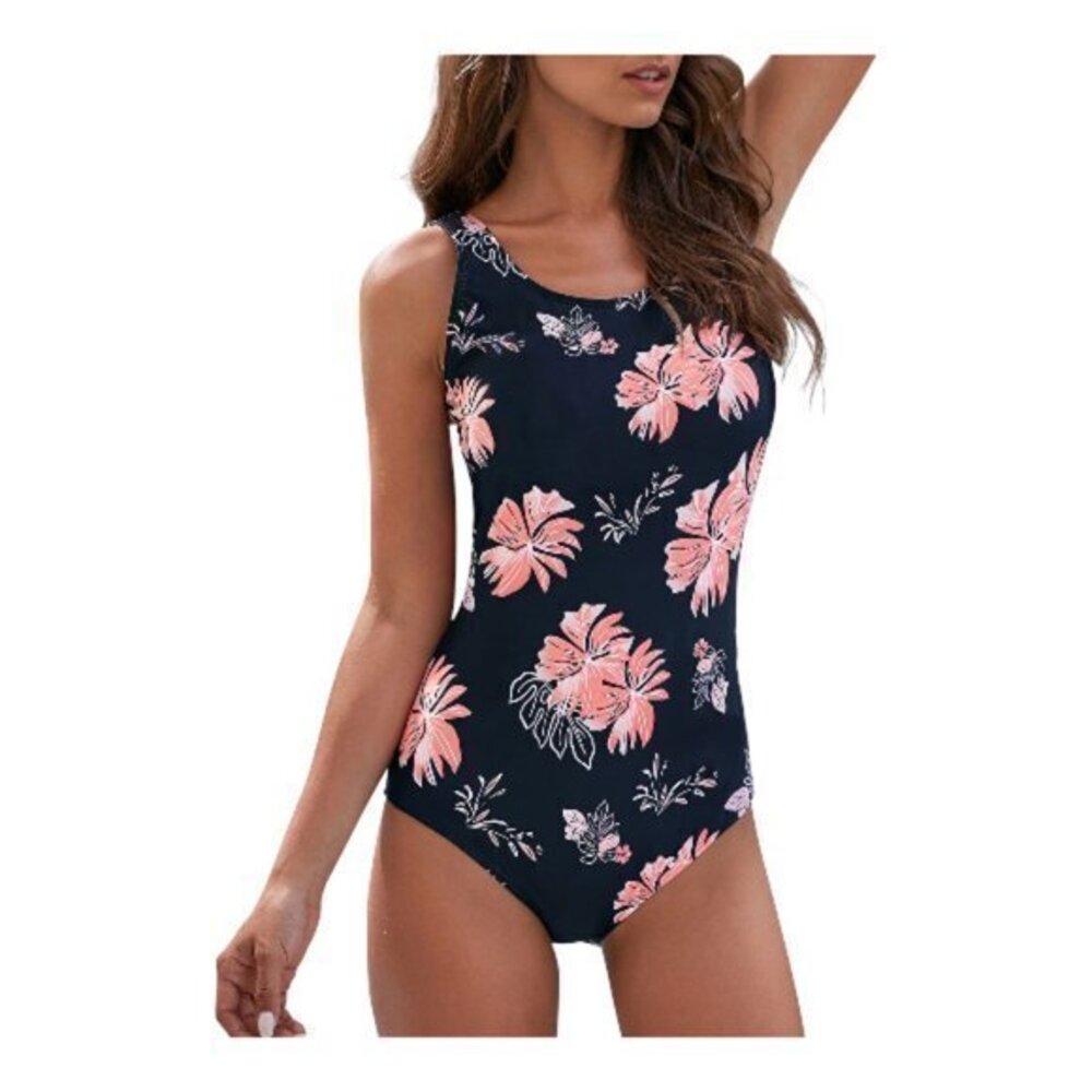 Black Pink Floral Swimsuit Crisscross Back Training Athletic SZ Small NWT #2268